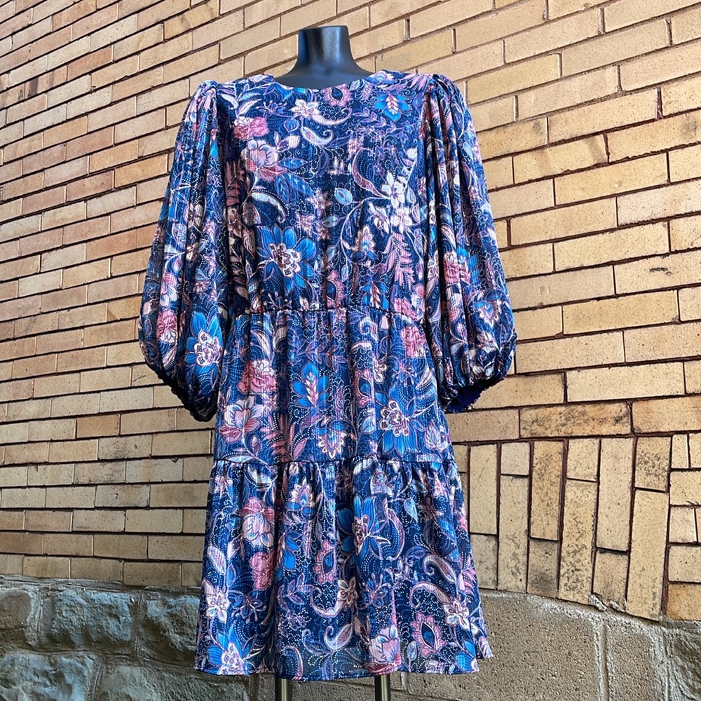 Sam & Jess blue pink floral balloon sleeve dress Size Large
